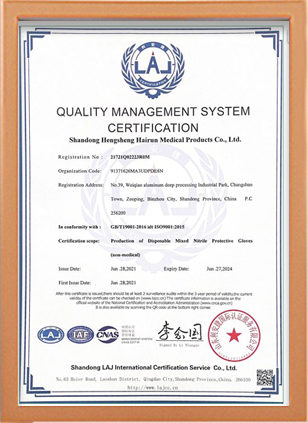 vinyl gloves and nitrile gloves certificate